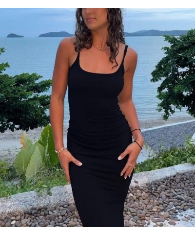 Sexy Backless Maxi Dress for Women Y2K Satin Spaghetti Strap Sleeveless Cowl Neck Bodycon Long Dress B Backless Black $11.96 ...