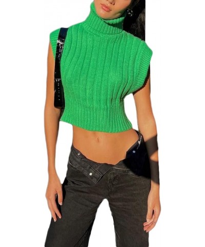 Women Solid Color Knit Sweater Vest High Neck Shoulder Pads Sleeveless Knitted Tank Top Casual Pullover Knitwear L-green $13....