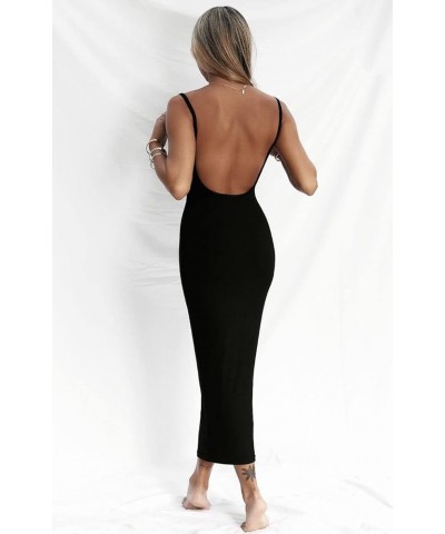 Sexy Backless Maxi Dress for Women Y2K Satin Spaghetti Strap Sleeveless Cowl Neck Bodycon Long Dress B Backless Black $11.96 ...