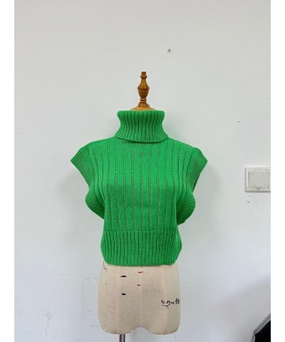 Women Solid Color Knit Sweater Vest High Neck Shoulder Pads Sleeveless Knitted Tank Top Casual Pullover Knitwear L-green $13....