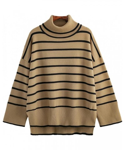 Striped Turtleneck Sweaters for Women Long Sleeve Oversized Knitted Soft Pullover Sweaters Khaki $21.23 Sweaters
