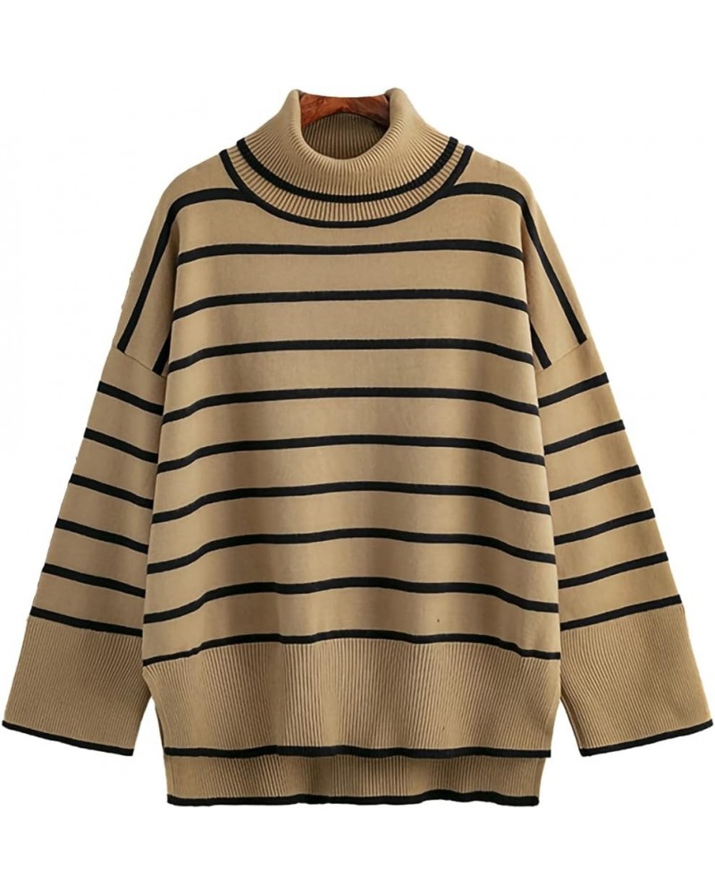 Striped Turtleneck Sweaters for Women Long Sleeve Oversized Knitted Soft Pullover Sweaters Khaki $21.23 Sweaters