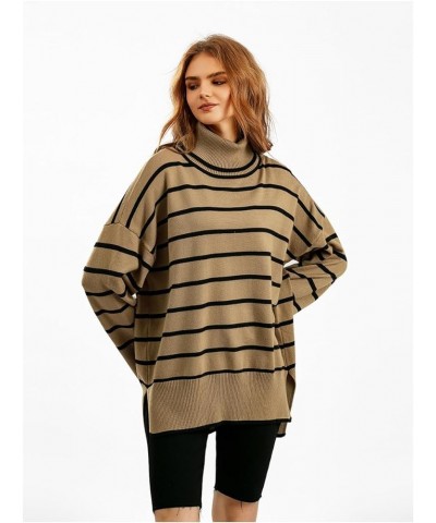 Striped Turtleneck Sweaters for Women Long Sleeve Oversized Knitted Soft Pullover Sweaters Khaki $21.23 Sweaters