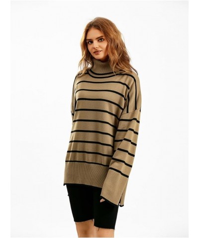 Striped Turtleneck Sweaters for Women Long Sleeve Oversized Knitted Soft Pullover Sweaters Khaki $21.23 Sweaters