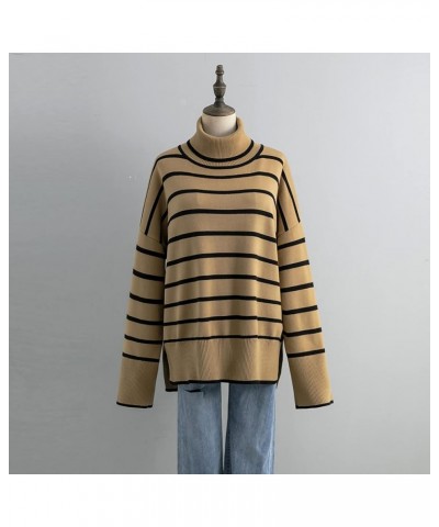 Striped Turtleneck Sweaters for Women Long Sleeve Oversized Knitted Soft Pullover Sweaters Khaki $21.23 Sweaters