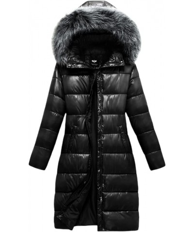 Women's Long Winter Jacket Metallic Shiny Puffer Warm Coat With Belt Obsidian Black $17.50 Jackets