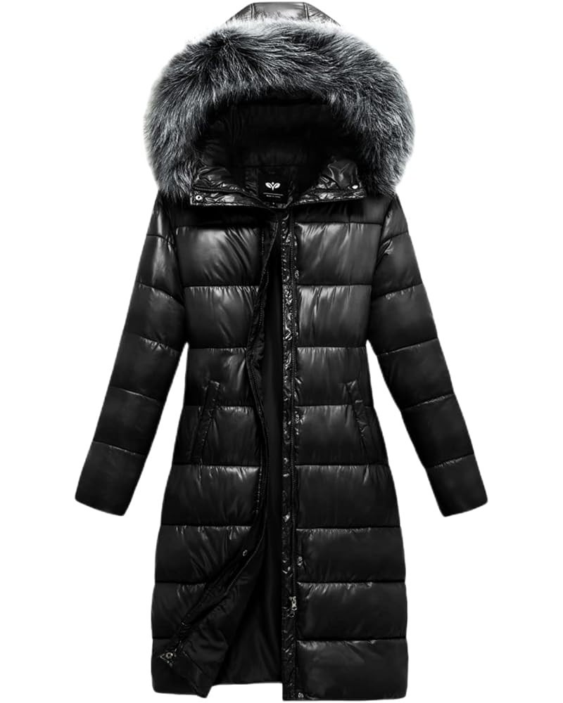 Women's Long Winter Jacket Metallic Shiny Puffer Warm Coat With Belt Obsidian Black $17.50 Jackets