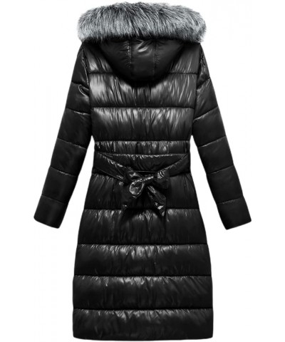 Women's Long Winter Jacket Metallic Shiny Puffer Warm Coat With Belt Obsidian Black $17.50 Jackets