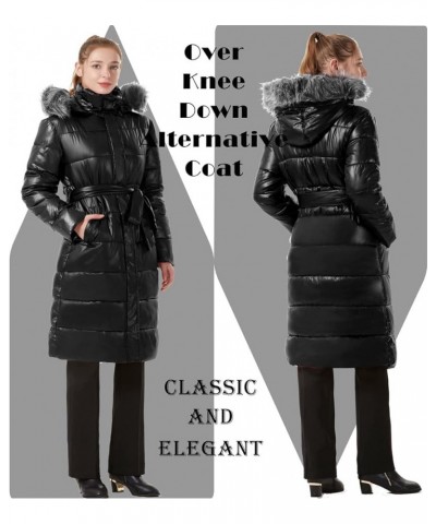 Women's Long Winter Jacket Metallic Shiny Puffer Warm Coat With Belt Obsidian Black $17.50 Jackets