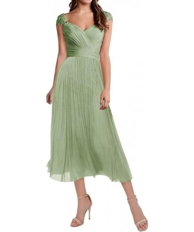 Women Elegant Cap Sleeve Lace Empire Waist Tea Length Bridesmaid Dresses Formal Evening Dresses Sage $33.08 Dresses