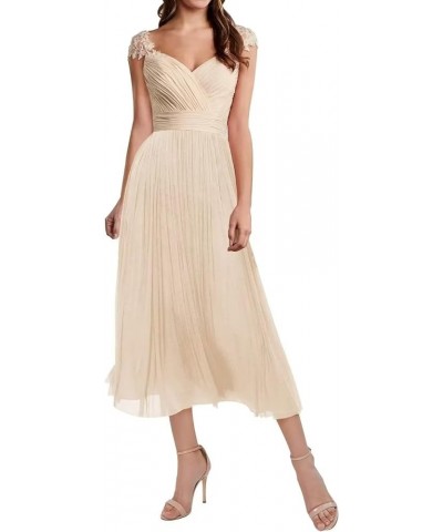 Women Elegant Cap Sleeve Lace Empire Waist Tea Length Bridesmaid Dresses Formal Evening Dresses Sage $33.08 Dresses