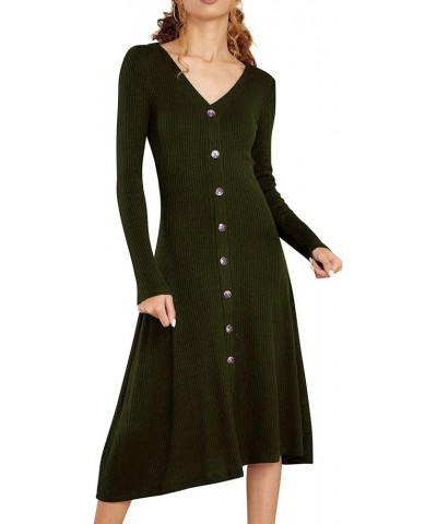 Women's Winter Cotton Long Sleeves V-Neck Casual Button Down Knit Sweater Midi Dress Armygreen $19.32 Dresses