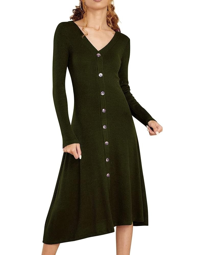 Women's Winter Cotton Long Sleeves V-Neck Casual Button Down Knit Sweater Midi Dress Armygreen $19.32 Dresses