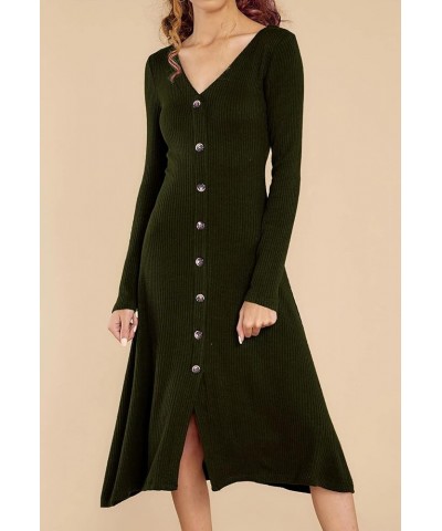 Women's Winter Cotton Long Sleeves V-Neck Casual Button Down Knit Sweater Midi Dress Armygreen $19.32 Dresses