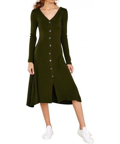 Women's Winter Cotton Long Sleeves V-Neck Casual Button Down Knit Sweater Midi Dress Armygreen $19.32 Dresses