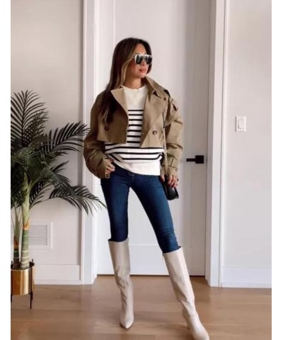 Women's Cropped Trench Coat Fashion Long Sleeve Belted Jacket Outerwear Darkkhaki $18.86 Coats