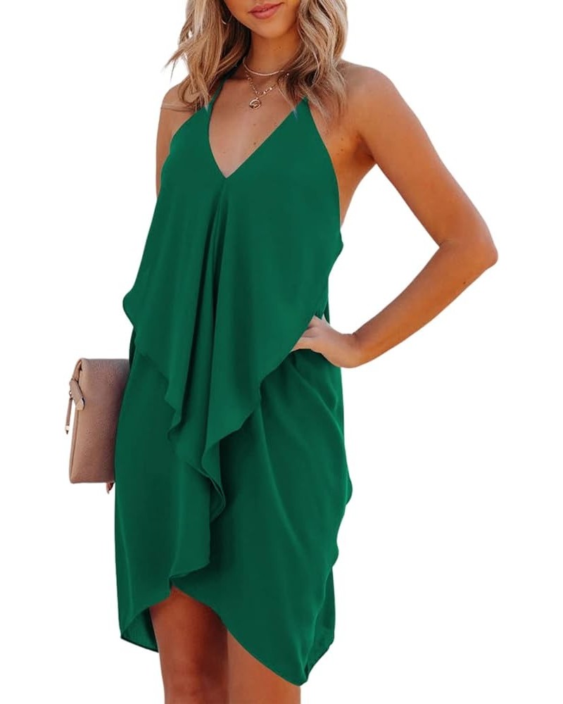 Women V Neck Halter Dress Ruffle Sleeveless Strappy Sexy Cocktail Mini Dresses Green $8.82 Dresses