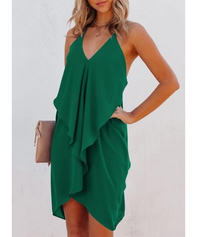 Women V Neck Halter Dress Ruffle Sleeveless Strappy Sexy Cocktail Mini Dresses Green $8.82 Dresses