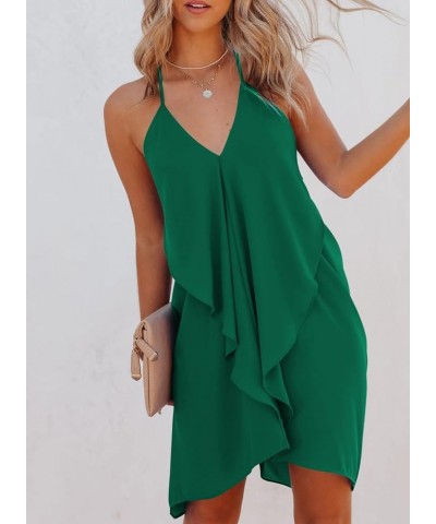 Women V Neck Halter Dress Ruffle Sleeveless Strappy Sexy Cocktail Mini Dresses Green $8.82 Dresses