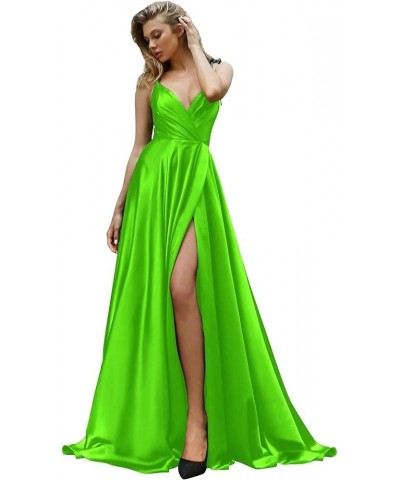 Women's V Neck Satin Prom Dresses with Slit Long Ball Gown A Line Spaghetti Strap Formal Evening Gowns with Pocket Yxxy597 Li...