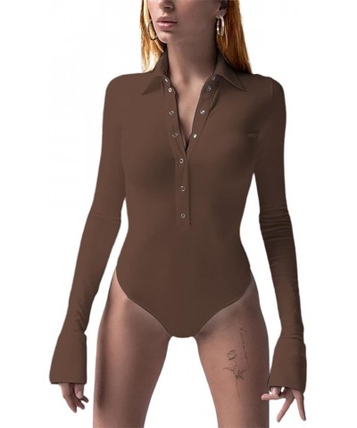 Womens Long Sleeve Bodysuit Tops Sexy Button Up V Neck Collared Body Suits B-brown $16.24 Bodysuits