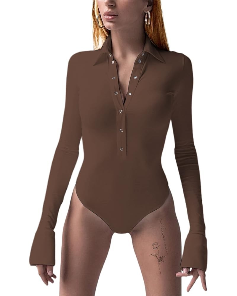 Womens Long Sleeve Bodysuit Tops Sexy Button Up V Neck Collared Body Suits B-brown $16.24 Bodysuits