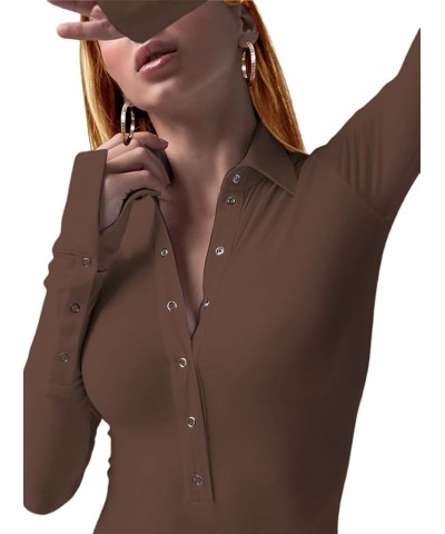 Womens Long Sleeve Bodysuit Tops Sexy Button Up V Neck Collared Body Suits B-brown $16.24 Bodysuits