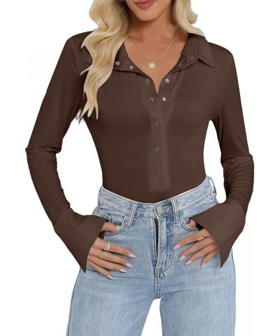 Womens Long Sleeve Bodysuit Tops Sexy Button Up V Neck Collared Body Suits B-brown $16.24 Bodysuits