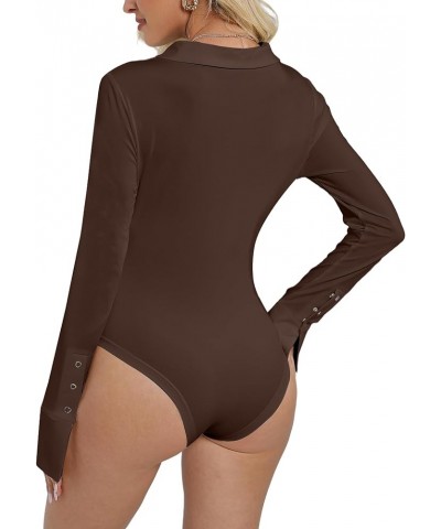 Womens Long Sleeve Bodysuit Tops Sexy Button Up V Neck Collared Body Suits B-brown $16.24 Bodysuits