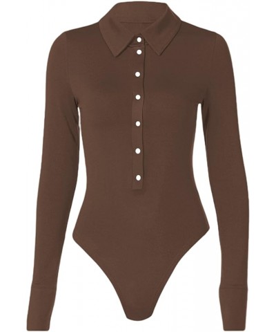 Womens Long Sleeve Bodysuit Tops Sexy Button Up V Neck Collared Body Suits B-brown $16.24 Bodysuits