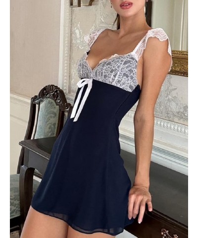 Women Y2K Lace Trim Mini Dress Sexy Low Cut Sleeveless Short Dress Spaghetti Strap See Through Backless Streetwear S-blue $9....