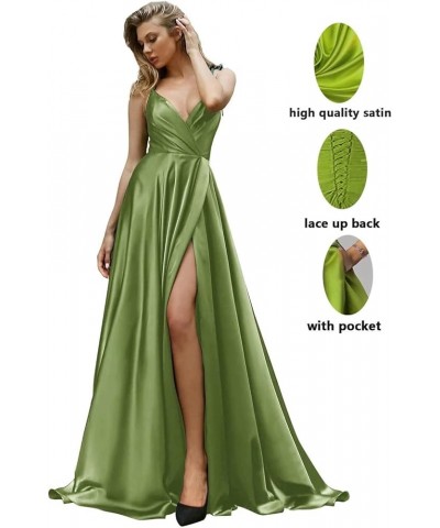 Women's V Neck Satin Prom Dresses with Slit Long Ball Gown A Line Spaghetti Strap Formal Evening Gowns with Pocket Yxxy597 Li...