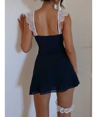 Women Y2K Lace Trim Mini Dress Sexy Low Cut Sleeveless Short Dress Spaghetti Strap See Through Backless Streetwear S-blue $9....