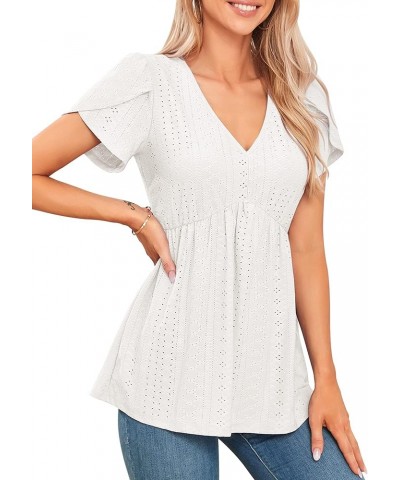 T Shirts for Women Petal Sleeve V-Neck Babydoll Eyelet Loose Fit Casual Blouse Tops White $8.84 Tops