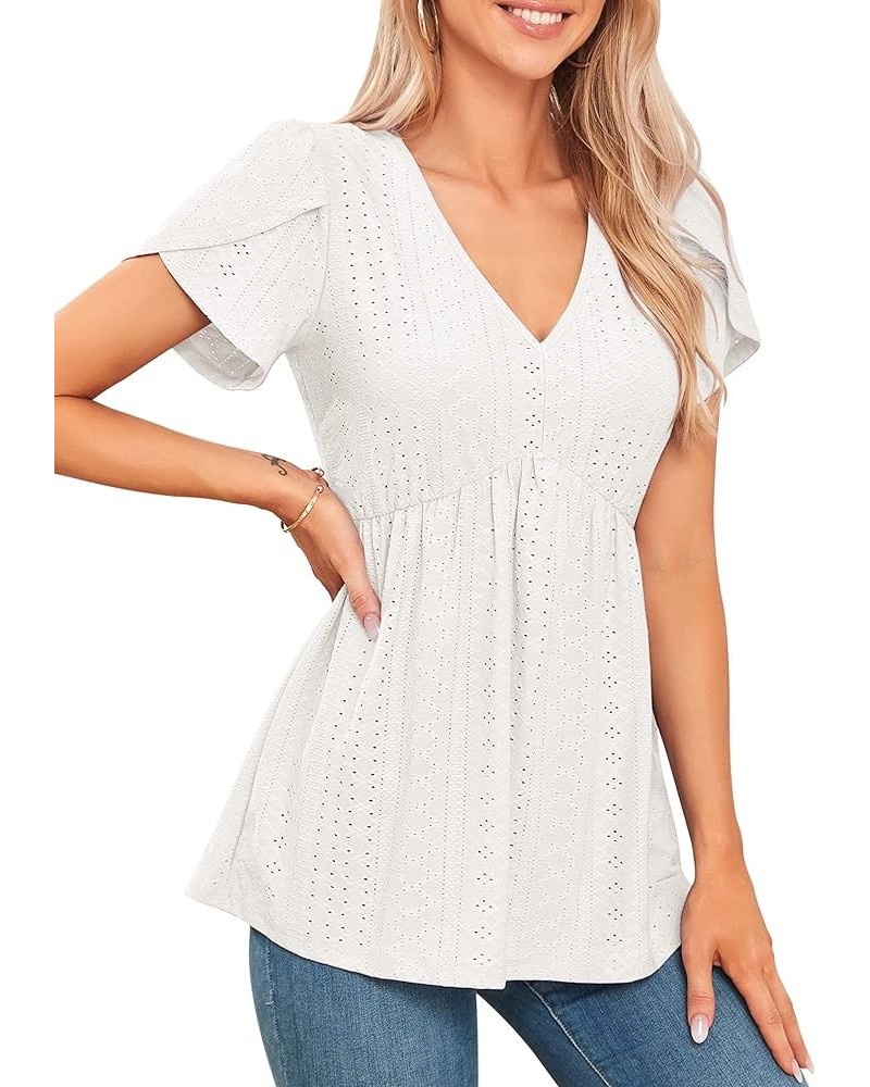 T Shirts for Women Petal Sleeve V-Neck Babydoll Eyelet Loose Fit Casual Blouse Tops White $8.84 Tops