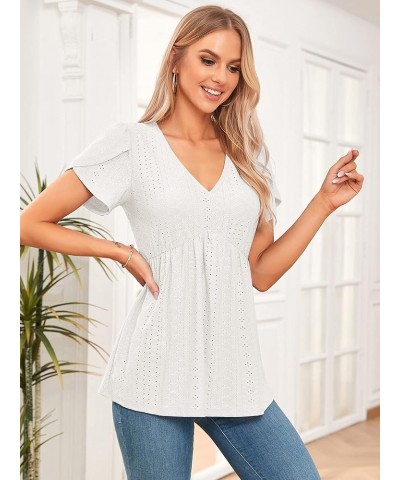 T Shirts for Women Petal Sleeve V-Neck Babydoll Eyelet Loose Fit Casual Blouse Tops White $8.84 Tops