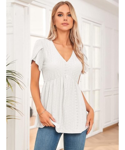 T Shirts for Women Petal Sleeve V-Neck Babydoll Eyelet Loose Fit Casual Blouse Tops White $8.84 Tops