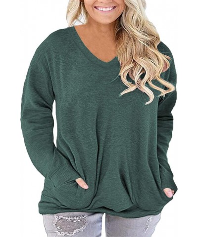 Plus-Size-Tops for Women Long Sleeve V Neck Shirts Oversized Pockets Tunics 04-dark Green $13.20 Tops