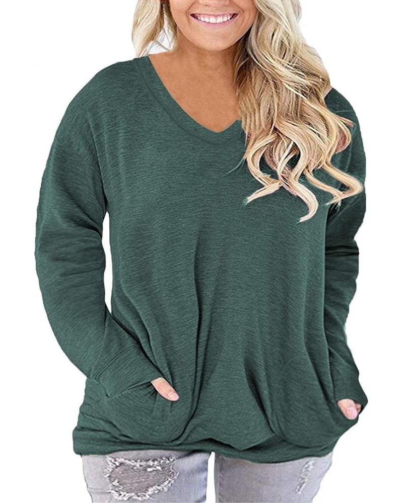 Plus-Size-Tops for Women Long Sleeve V Neck Shirts Oversized Pockets Tunics 04-dark Green $13.20 Tops