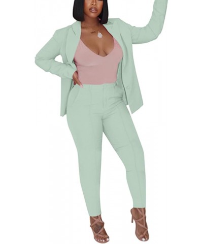 Women's 2 Piece Outfit Deep V Long Sleeve Solid Color Blazer with Pants Elegant Business Suit Sets Light Green $29.86 Suits