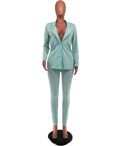 Women's 2 Piece Outfit Deep V Long Sleeve Solid Color Blazer with Pants Elegant Business Suit Sets Light Green $29.86 Suits