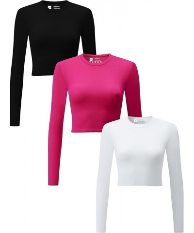 Flutnel 3 Piece Women's Crop Tops Long Sleeve Crew Neck Stretch Fitted Workout Exercise Crop Tops Black/White/Rose $11.59 T-S...