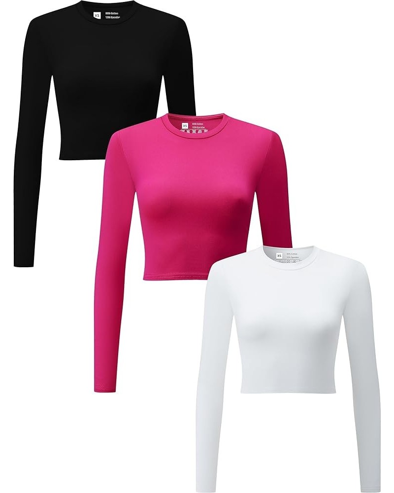 Flutnel 3 Piece Women's Crop Tops Long Sleeve Crew Neck Stretch Fitted Workout Exercise Crop Tops Black/White/Rose $11.59 T-S...