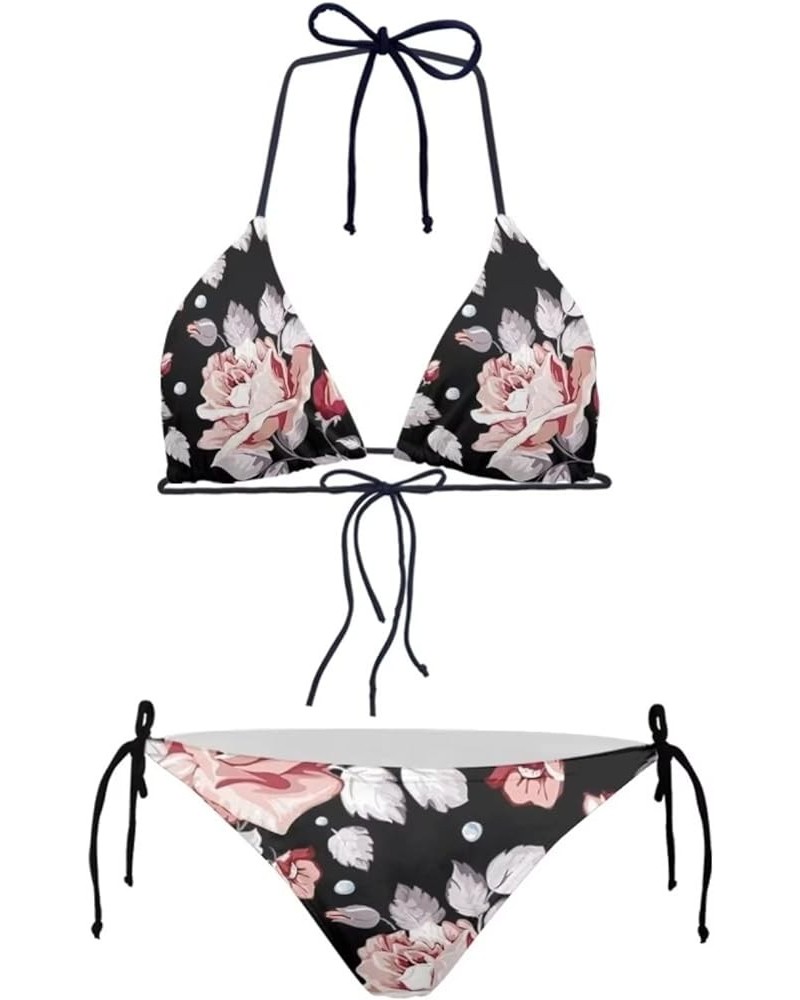 Women's High Waist Halter Bikini Set Two Piece Swimsuits String Triangle Bikini Sets Pink Hibiscus Print $12.06 Swimsuits