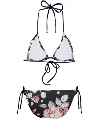 Women's High Waist Halter Bikini Set Two Piece Swimsuits String Triangle Bikini Sets Pink Hibiscus Print $12.06 Swimsuits