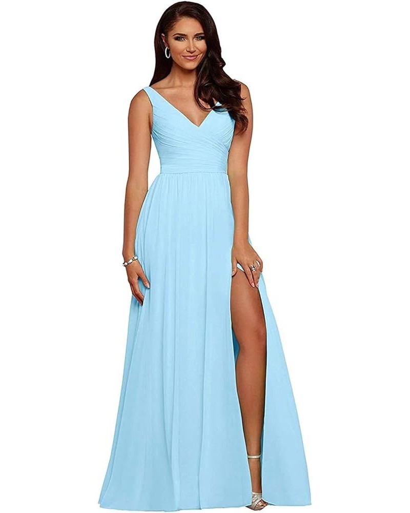 Women's V Neck Bridesmaid Dress with Slit,A Line Pleated Chiffon Formal Evening Prom Party Formal Gowns Sky Blue $29.61 Dresses