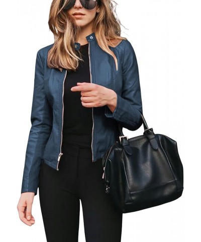 Womens Faux Leather Short Jacket Zip Up PU Motorcycle Moto Biker Slim Fit Coat Outwear Darkblue $17.81 Coats