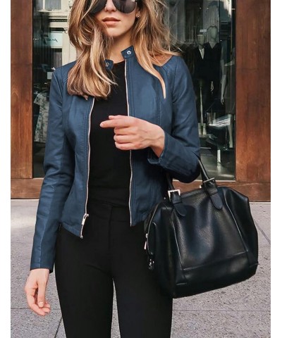 Womens Faux Leather Short Jacket Zip Up PU Motorcycle Moto Biker Slim Fit Coat Outwear Darkblue $17.81 Coats