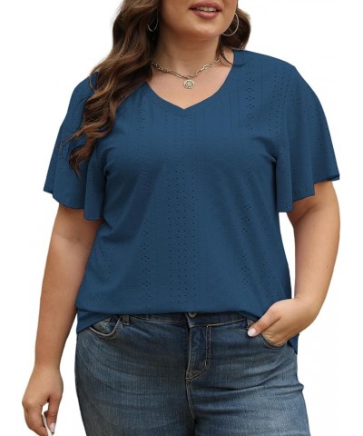 Plus-Size-Tops for Women Hollow Casual V Neck Loose Fit Short Sleeve Shirts 07_navy Blue $15.29 T-Shirts