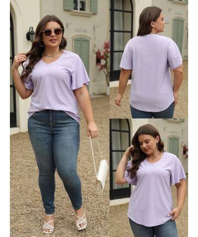 Plus-Size-Tops for Women Hollow Casual V Neck Loose Fit Short Sleeve Shirts 07_navy Blue $15.29 T-Shirts